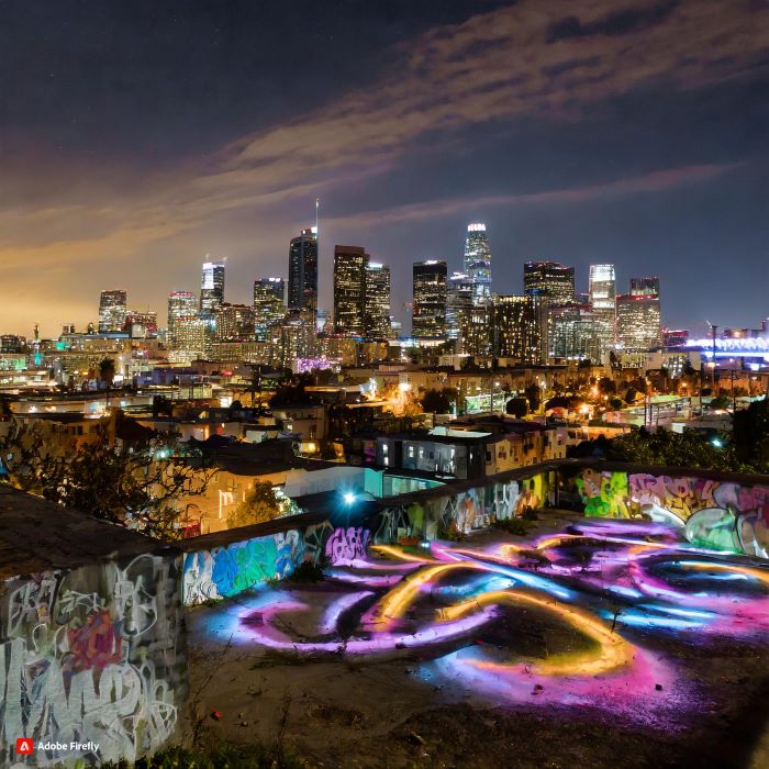  Firefly LA downtown art collection of graffiti and painting by night with cityscapes on the horizon 